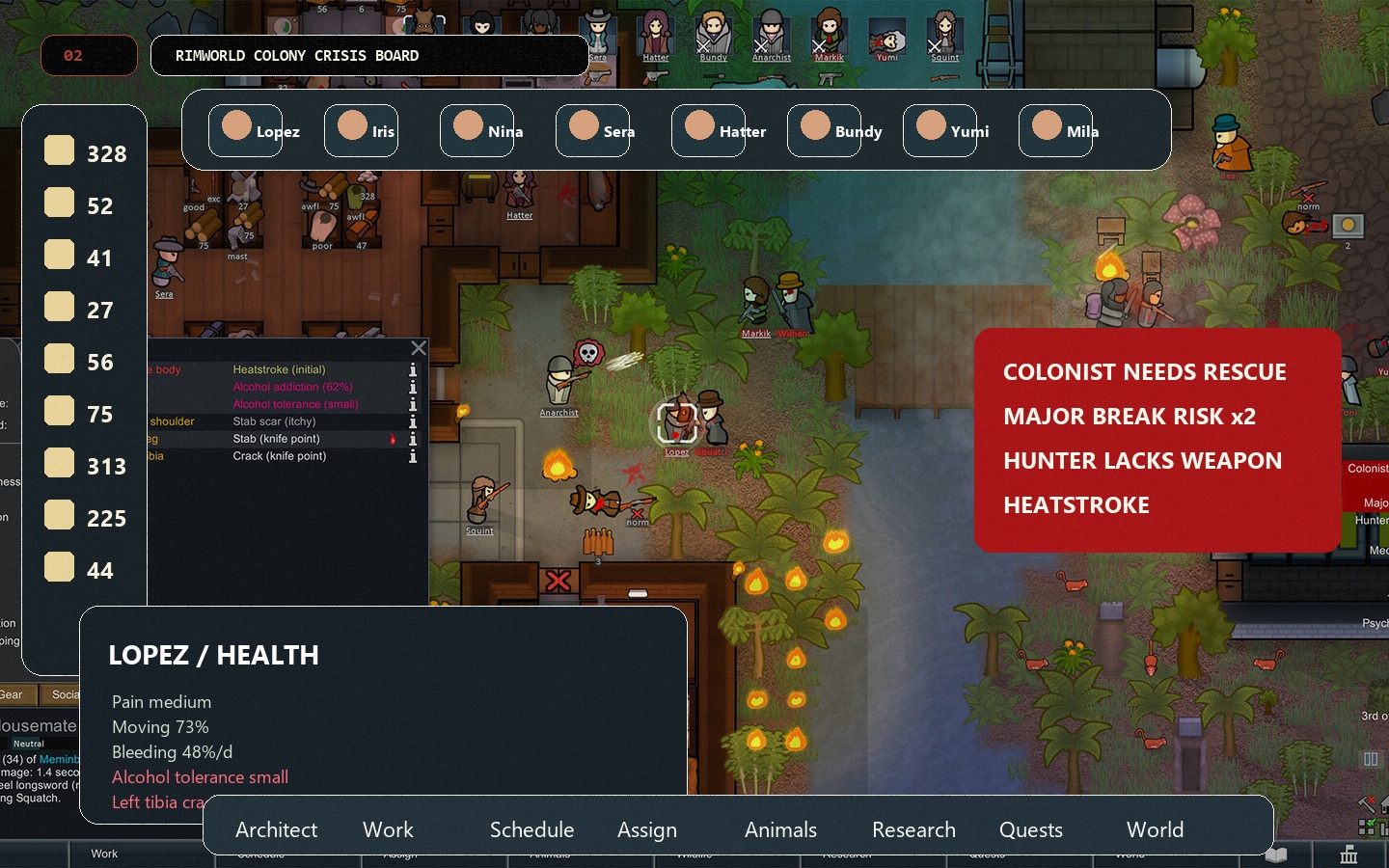 RimWorld colony crisis board